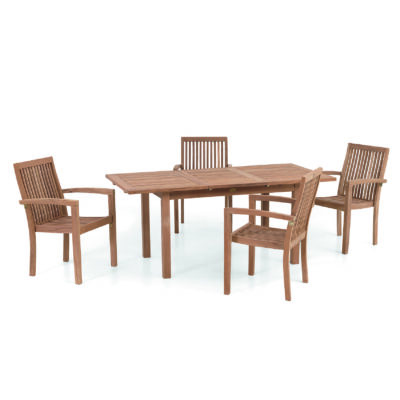 Das Set Denpasar ist eine Outdoor Essgruppe bestehend aus einem ausziehbaren Tisch und 4 Sesseln, die unter den Tisch geschoben werden können.