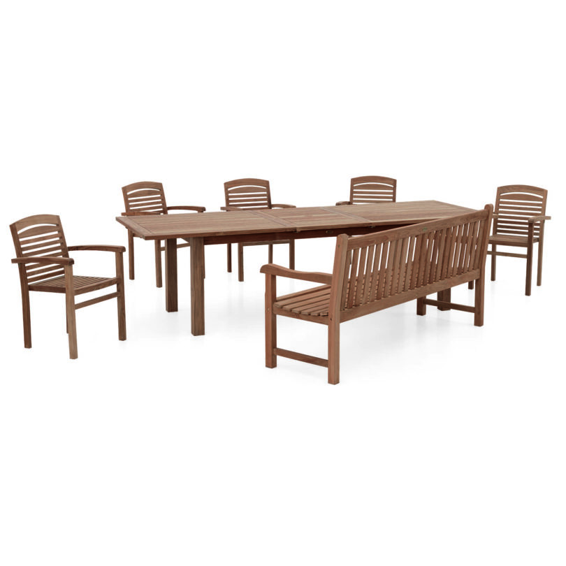Bestellen Sie jetzt das Set Oxford online bei Teak-It, bestehend aus einem Tisch, einer Bank und 5 stapelbaren Sesseln.