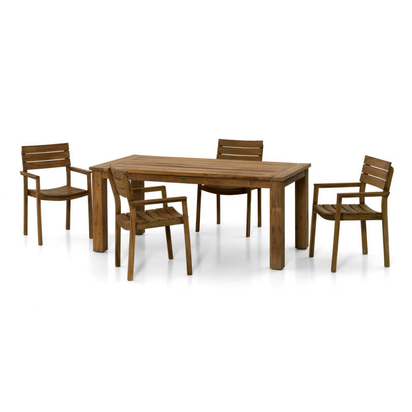 Das Set Toronto ist eine kleine Outdoor Essgruppe bestehend aus einem Tisch und 4 Sesseln, die unter den Tisch geschoben werden können.